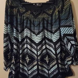 Style & Co Blue and Green ZigZag Blouse